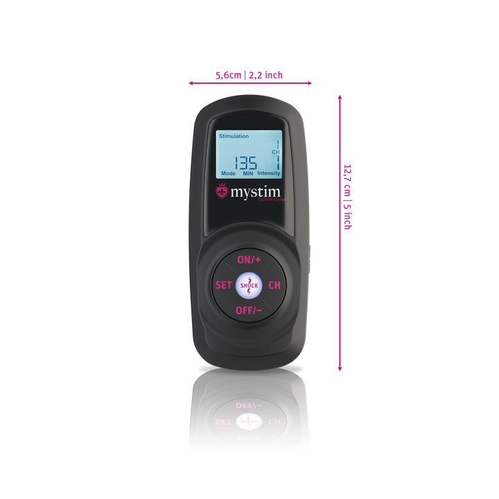 Mystim Cluster Buster - Darstellung der Powerbox Größe und Abmessungen Länge 12,7cm (offen) und 5,6cm Breite