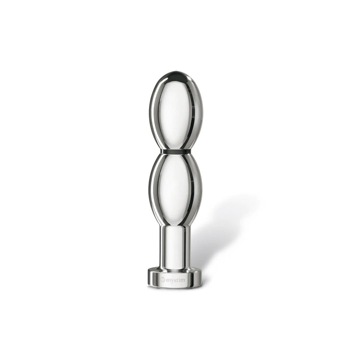 Mystim Oh-Thello – E-Stim Dildo aus medizinischem Aluminium mit Doppel-Ovalform (14 cm × Ø 3,5 cm) stehend