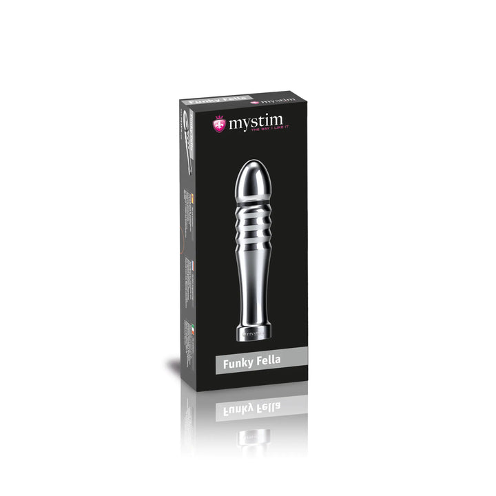Mystim Funky Fella – Originalverpackung des Aluminium E‑Stim Dildos