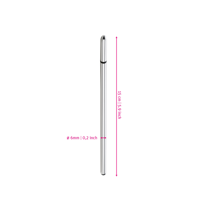 Mystim Slim Finn – Darstellung der  Größe und Abmessungen Länge 15cm, Durchmesser 6mm