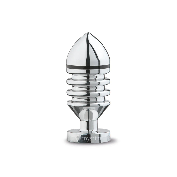 Mystim Hector Helix L – großer Aluminium Butt Plug mit geriffeltem Schaft für Elektrostimulation stehend