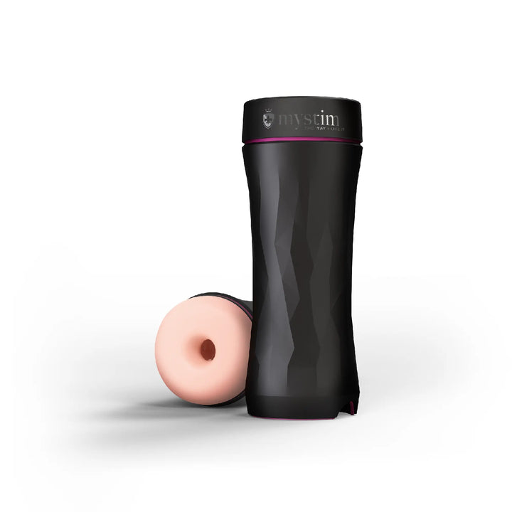 Mystim Opus E – Donut Masturbator aus ABS & TPE mit E‑Stim Funktion (21,5 cm Länge, Ø 8,4 cm; Sleeve 17,5 cm × Ø 1,0–2,8 cm)