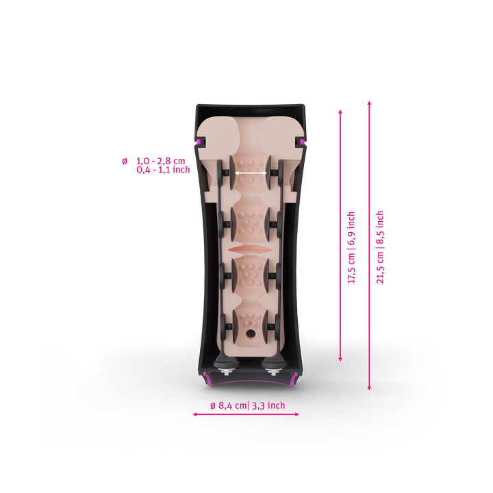 Mystim Opus E Donut- Darstellung der Größe und Abmessungen 17,5cm Länge, 1-2,8cm Innen-Durchmesser