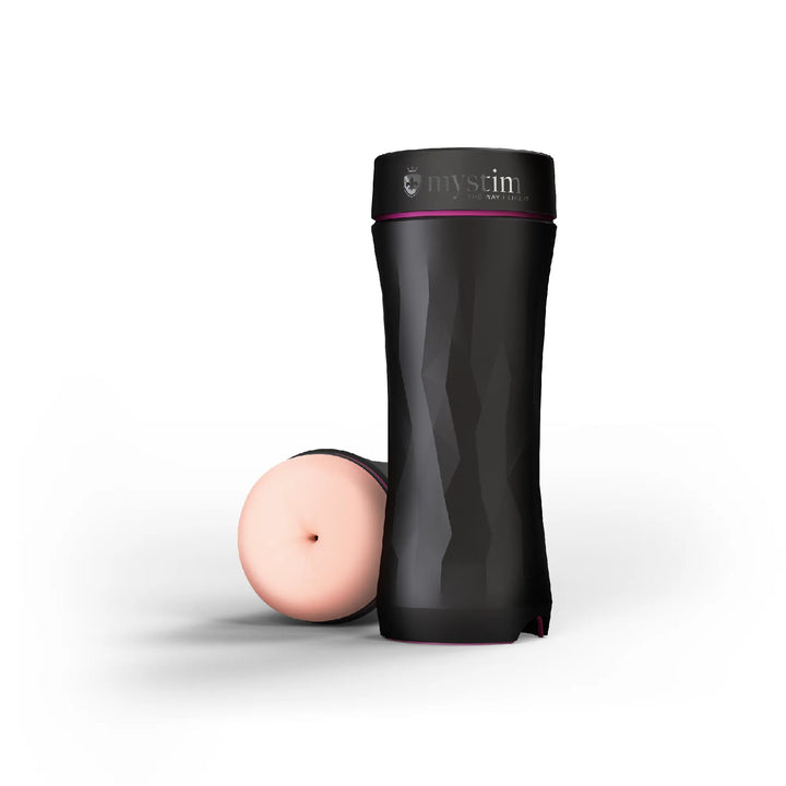 Mystim Opus E – Anus Masturbator aus ABS & TPE mit E‑Stim Funktion (Länge Masturbator 21,5 cm, Ø 8,4 cm; Sleeve 17,5 cm, Ø 0,5–2,8 cm)