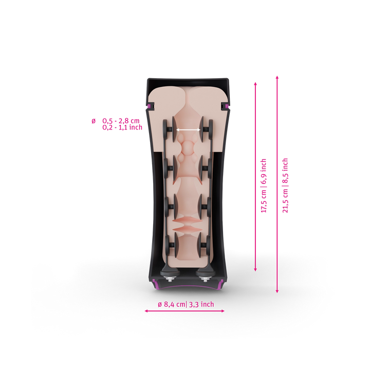 Mystim Opus E Anus - Darstellung der Größe und Abmessungen 17,5cm Länge, 0,5-2,8cm Innen-Durchmesser