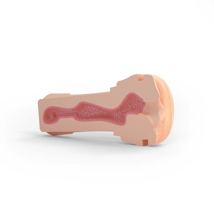 Mystim Ersatzsleeves für O(h) Push Me  Vagina – Nahaufnahme der weichen TPE-Materialien und Innentextur des Sleeves