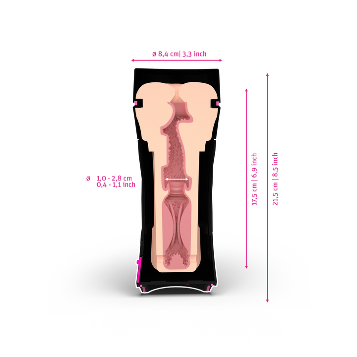 Mystim Oh Push Me Anus - Darstellung der Größe und Abmessungen 17,5cm Länge, 1-2,8cm Innen-Durchmesser
