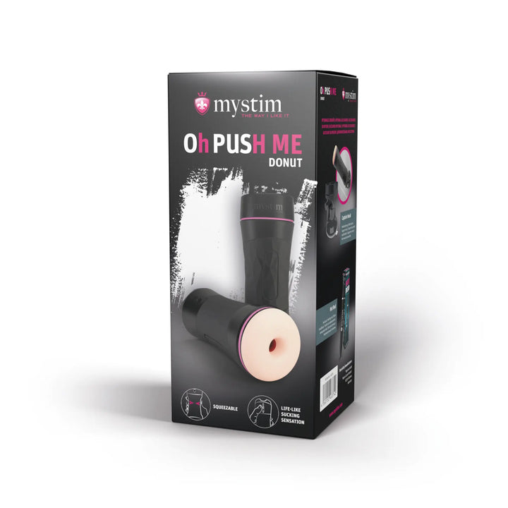 Mystim O(h) Push Me – Originalverpackung mit Donut‑Sleeve und Behälter