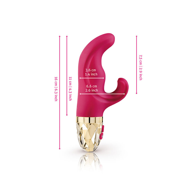 Mystim Hop Hop Bob Fuchsia - Pink Rabbit-Vibrator mit G-Punkt‑Spitze und flexiblem Klitoris‑Stimulator Darstellung der Größe und Abmessungen 16 cm Länge, 6,6 cm Breite