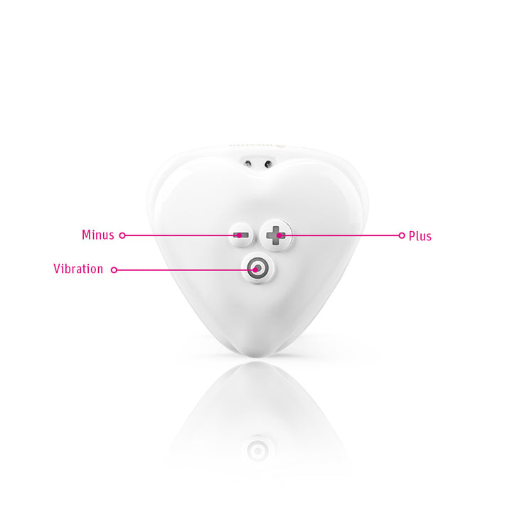 Mystim Heart’s Desire – White (Herzform) , Frontansicht mit Knöpfen Plus Minus Vibration