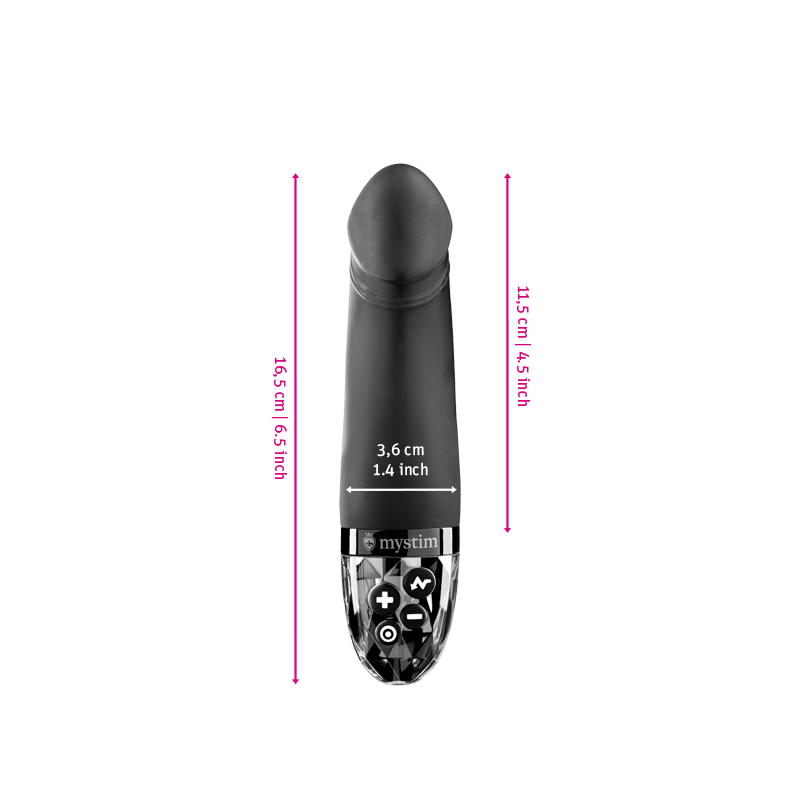 Mystim Real Deal Neal – Black Darstellung der Größe und Abmessungen Länge 16,5 cm (ohne Griff 11,5 cm), Ø 3,6 cm