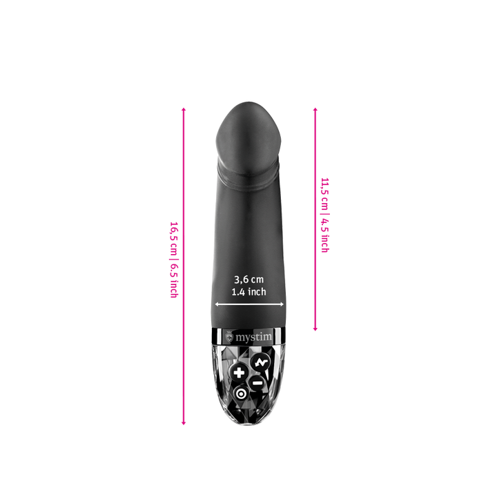 Mystim Real Deal Neal – Black Darstellung der Größe und Abmessungen Länge 16,5 cm (ohne Griff 11,5 cm), Ø 3,6 cm