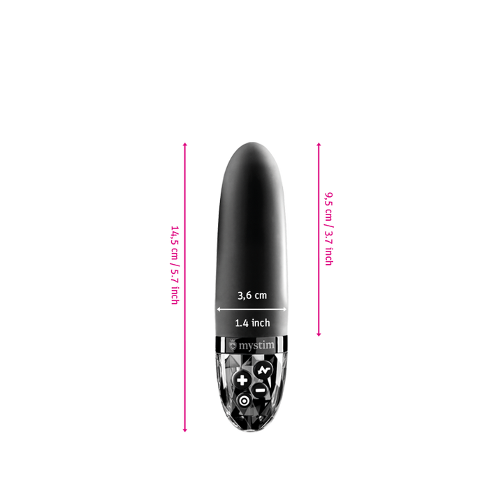 Mystim Sleak Freak – Black Darstellung der Größe und Abmessungen 14,5 cm Länge (9,5 cm nutzbar), Ø 3,6 cm