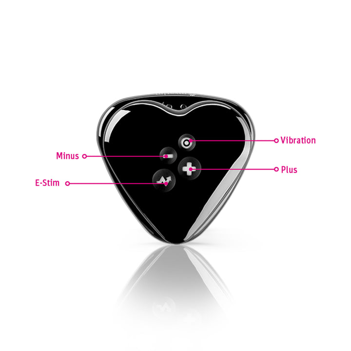 Mystim Heart’s Desire – Black Auflegevibrator mit E-Stim (Herzform) Frontansicht mit Knöpfen Plus Minus Vibration E-Stim