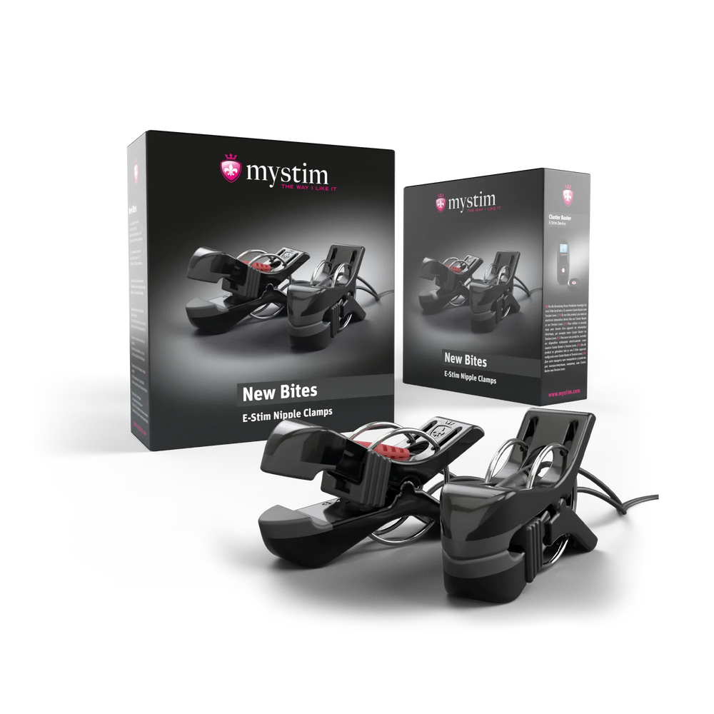 Mystim Barry Bite Nippelklammern und Produktverpackung für Elektrostimulation