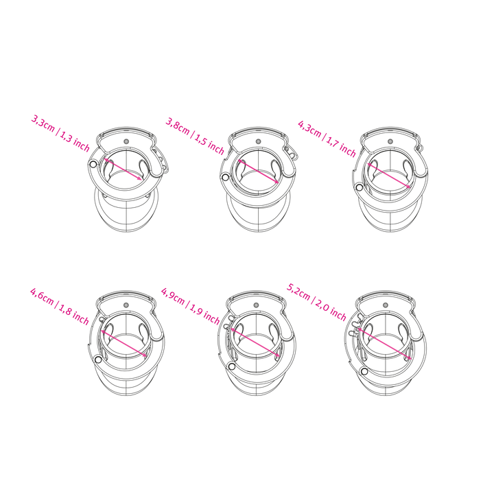 Mystim Pubic Enemy no1 - Darstellung der Größe und Abmessungen der Schellen-Verstellbarkeit 3,3-5,2cm