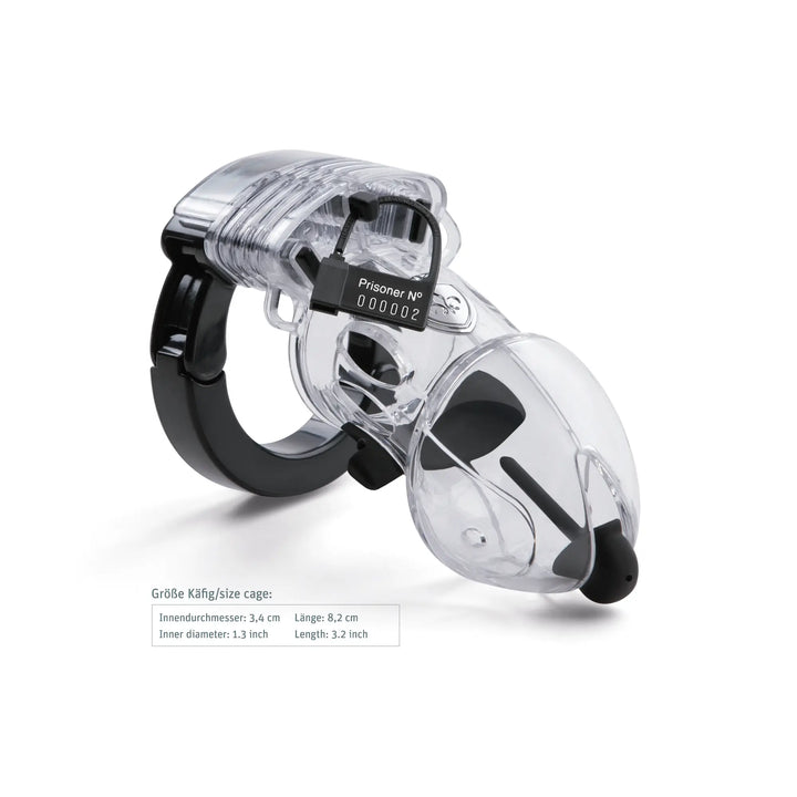 Mystim Pubic Enemy No. 2 – Darstellung der Größe und Abmessungen Käfig Länge 82 mm (plus 3 × 4 mm Spacer), Innendurchmesser 34 mm bis 47 mm