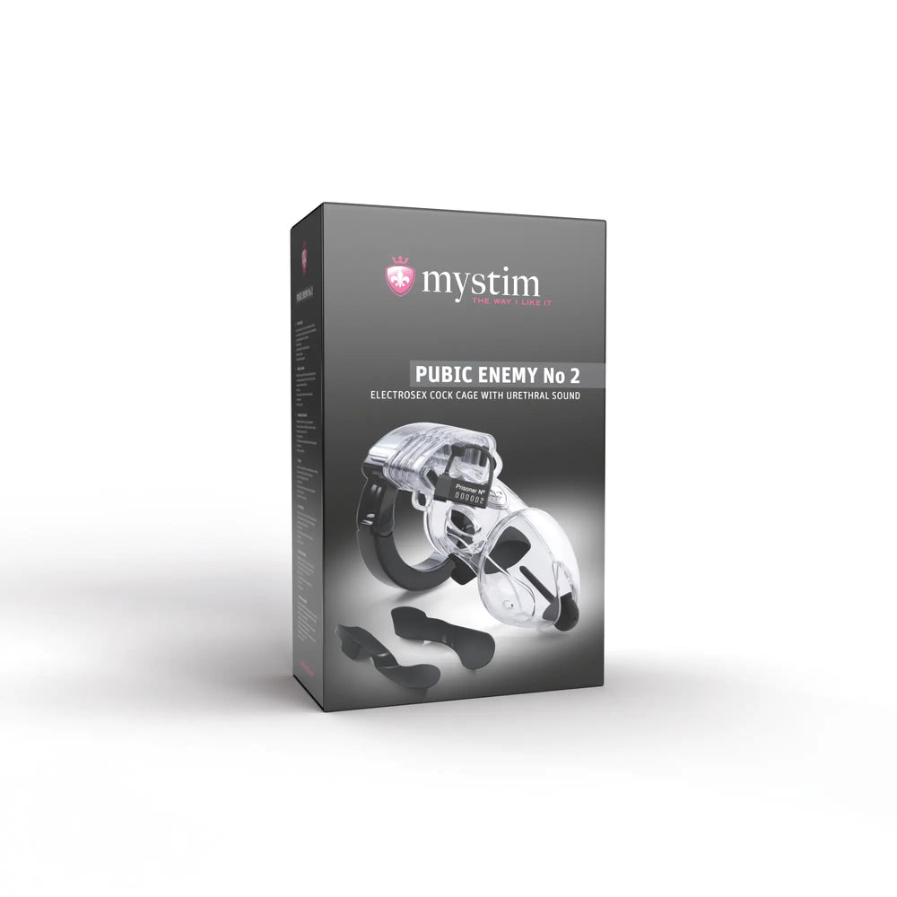 Mystim Pubic Enemy No. 2 – Originalverpackung des E‑Stim Peniskäfigs