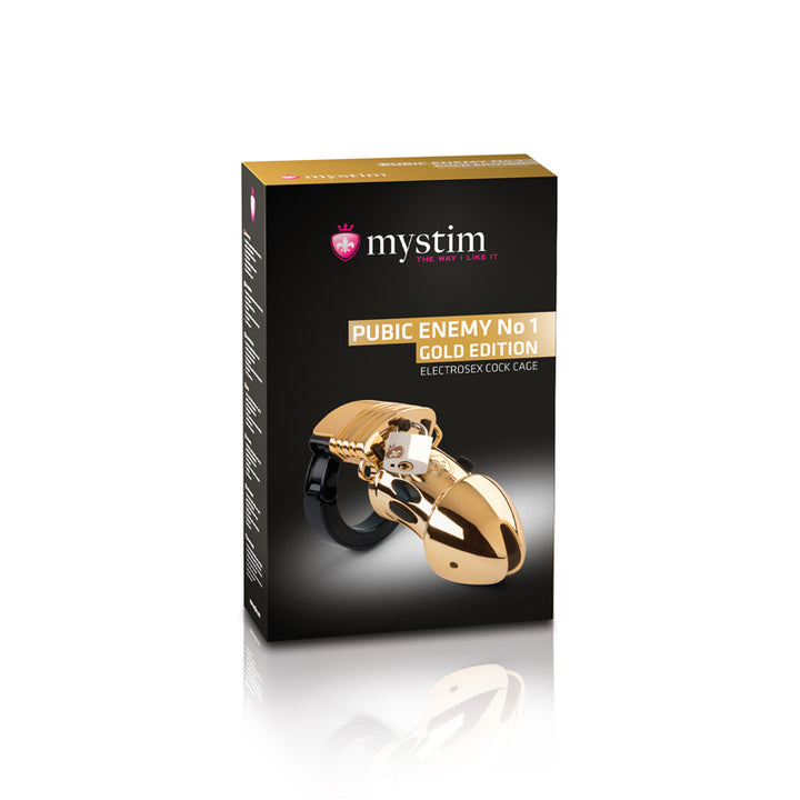 Mystim Pubic Enemy No. 1 – Originalverpackung des Peniskäfigs Gold
