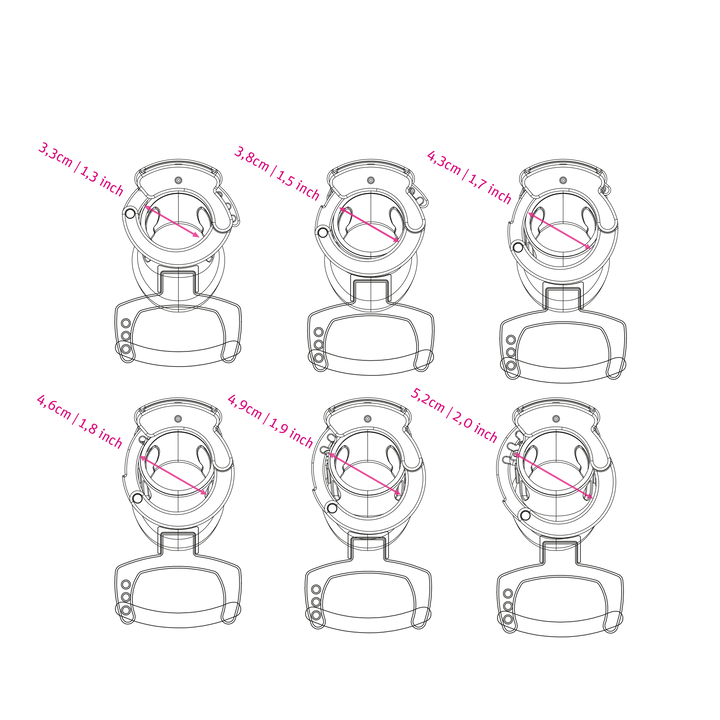Mystim Pubic Enemy no3 - Darstellung der Größe und Abmessungen der Schellen-Verstellbarkeit 3,3-5,2cm