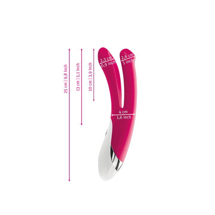 Mystim Bon Aparte – Darstellung der  Größe und Abmessungen Länge 25cm (ohne Griff: 13cm), Durchmesser 2,3-2,6cm, Vor-Spaltung Durchmesser 4cm