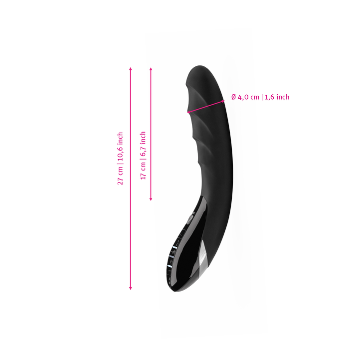 Mystim Sizzling Simon – Darstellung der  Größe und Abmessungen Länge 27cm (ohne Griff: 17cm), Durchmesser 4cm