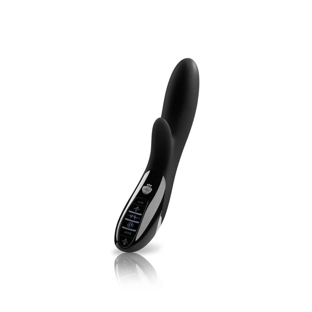 Mystim Daring Danny – Black E-Stim Rabbit Vibrator mit klitoraler und vaginaler Stimulation, 100 % medizinisches Silikon, 27 cm Länge, Ø 3,8 cm