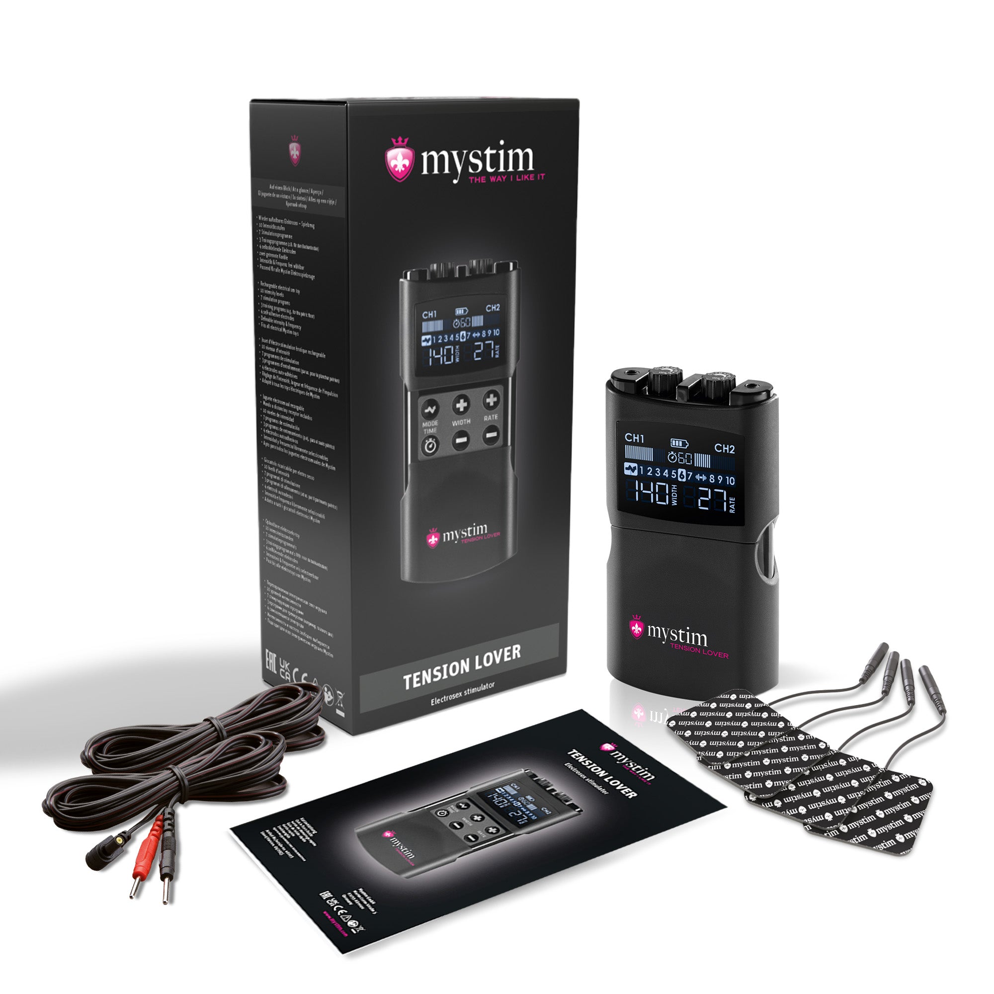 Mystim Tension Lover 2 - E-Stim Powerbox Elektrostimulation Set Ansicht mit Elektrodenkabeln, Elektroden und Quick Start Guide