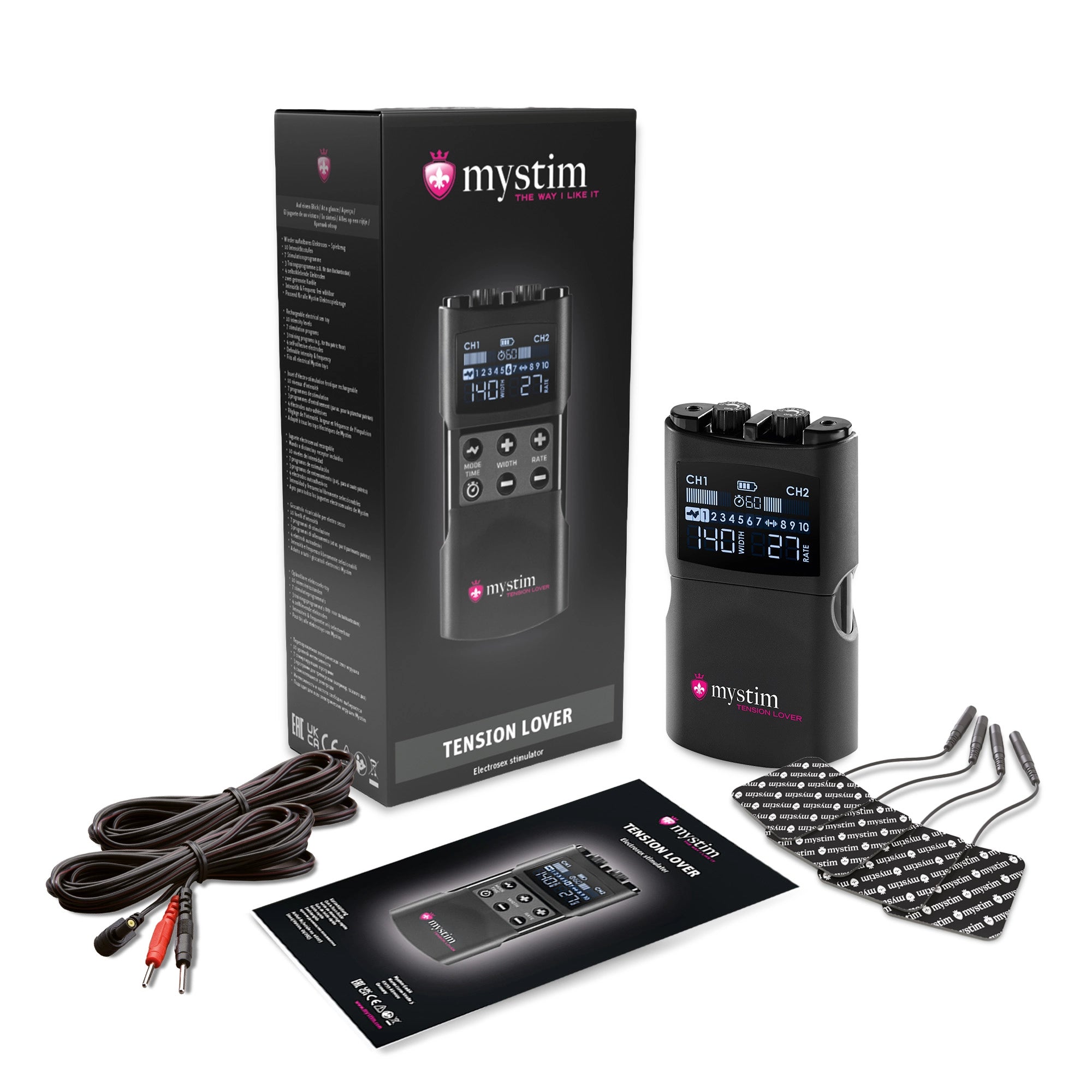 Mystim Tension Lover 2 - E-Stim Powerbox Elektrostimulation Set Ansicht mit Elektrodenkabeln, Elektroden und Quick Start Guide