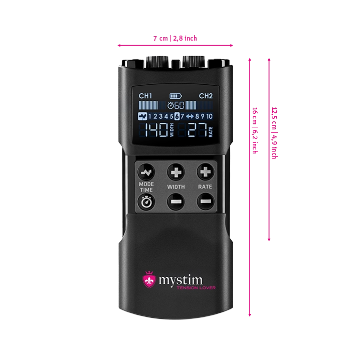 Mystim Tension Lover 2 - Darstellung der Größe und Abmessungen Powerbox Länge 16cm (offen), Breite 7cm