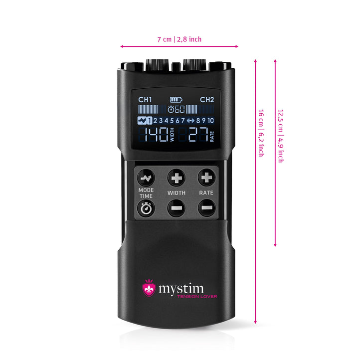 Mystim Tension Lover 2 - Darstellung der Größe und Abmessungen Powerbox Länge 16cm (offen), Breite 7cm