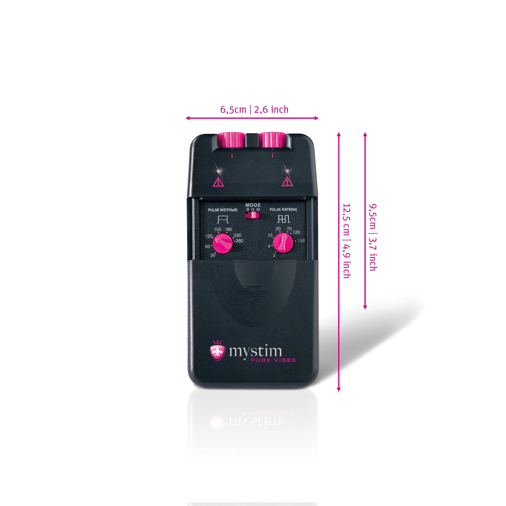 Mystim Pure Vibes - Darstellung der Powerbox Größe und Abmessungen Länge 12,5cm (offen) und 6,5cm Breite