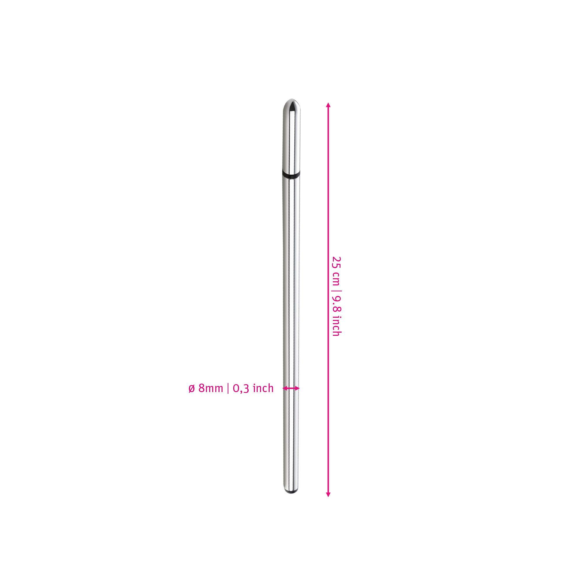 Mystim Thin Finn – Darstellung der  Größe und Abmessungen Länge 25cm, Durchmesser 8mm