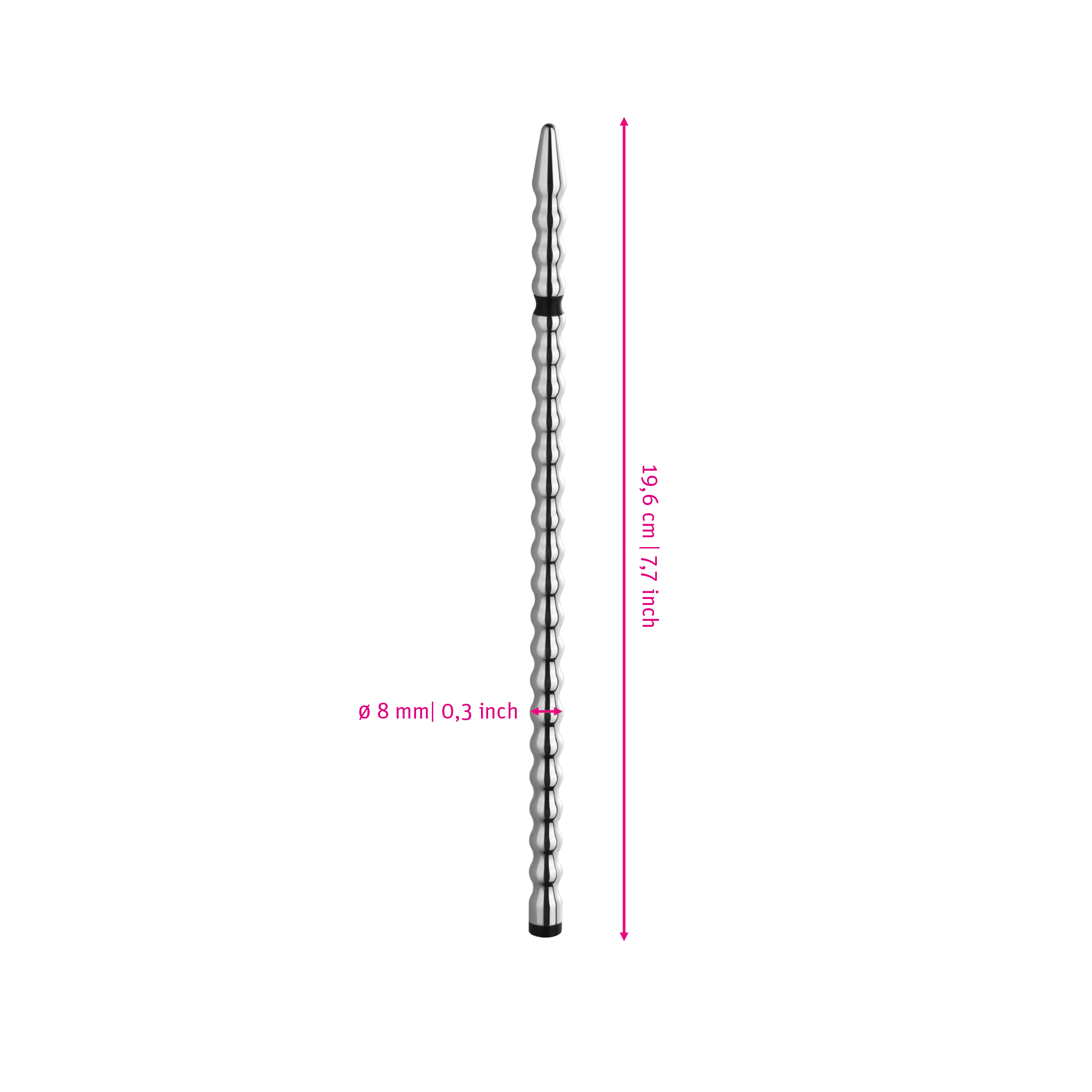 Mystim Thin Finn – Darstellung der  Größe und Abmessungen Länge 19,6cm, Durchmesser 8mm