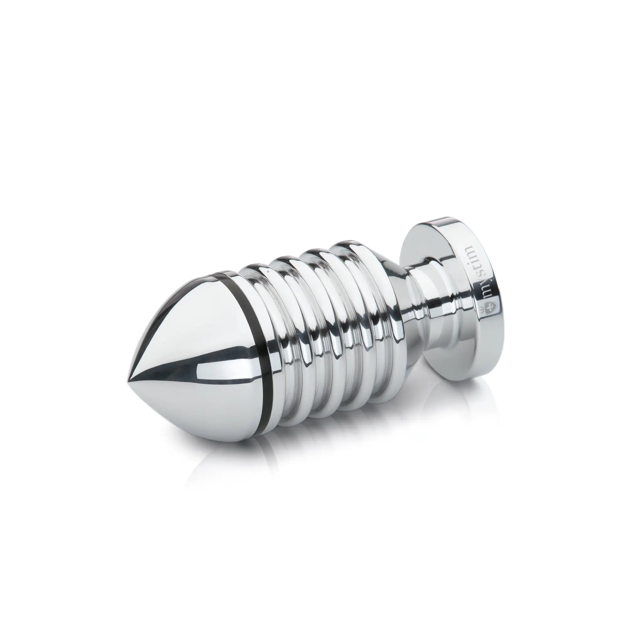 Mystim Hector Helix S – E‑Stim Butt Plug aus handpoliertem medizinischem Aluminium liegend