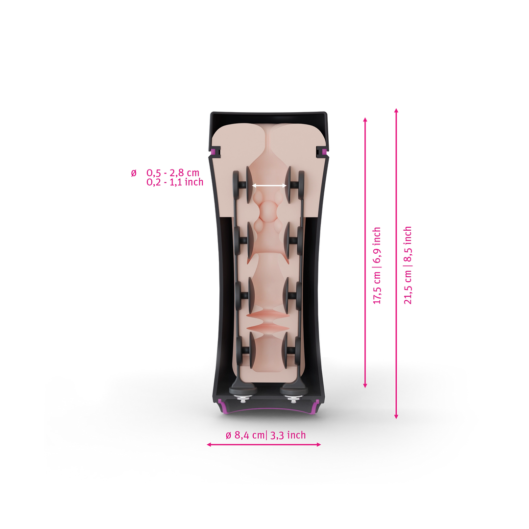 Mystim Opus E Anus - Darstellung der Größe und Abmessungen 17,5cm Länge, 0,5-2,8cm Innen-Durchmesser