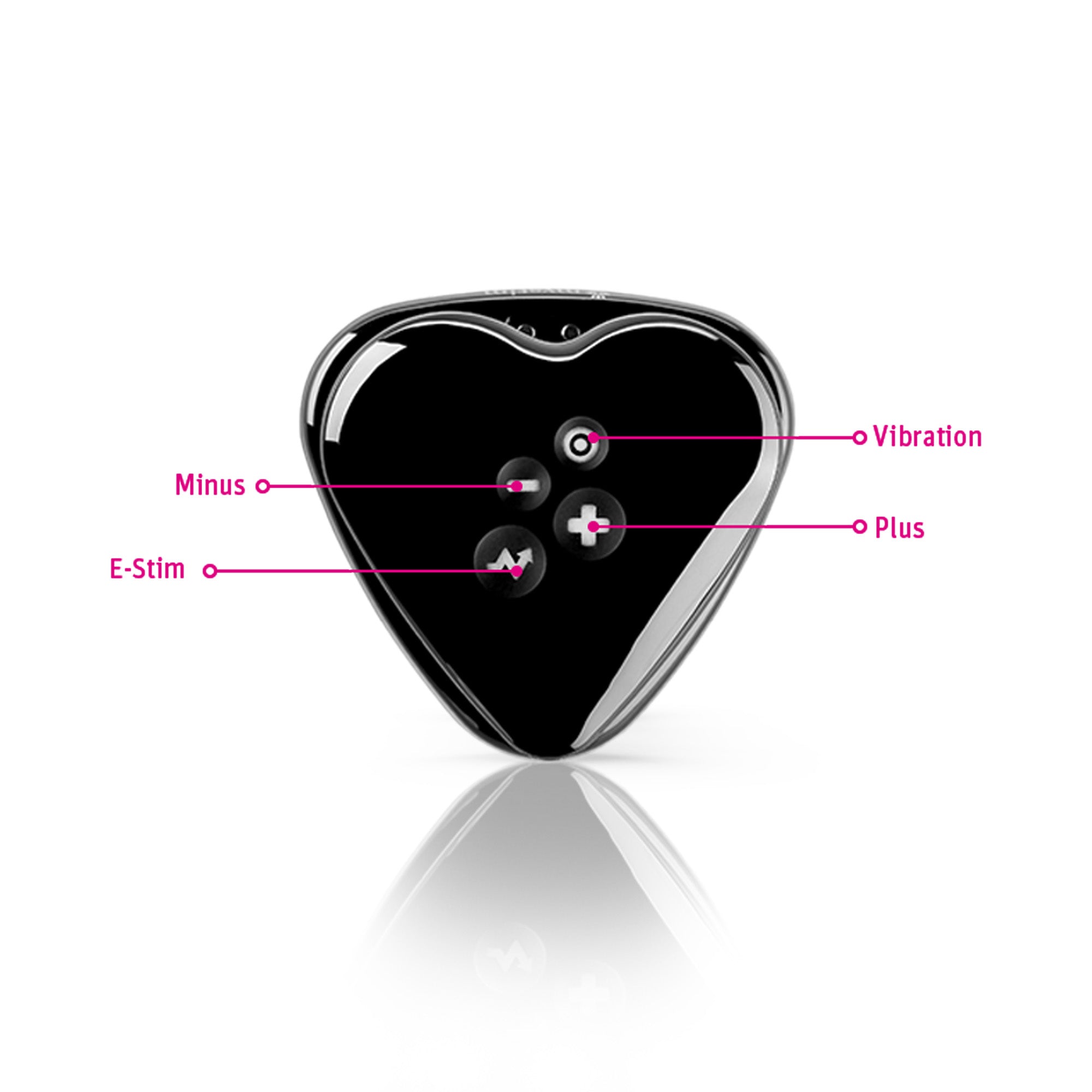 Mystim Heart’s Desire – Black Auflegevibrator mit E-Stim (Herzform) Frontansicht mit Knöpfen Plus Minus Vibration E-Stim