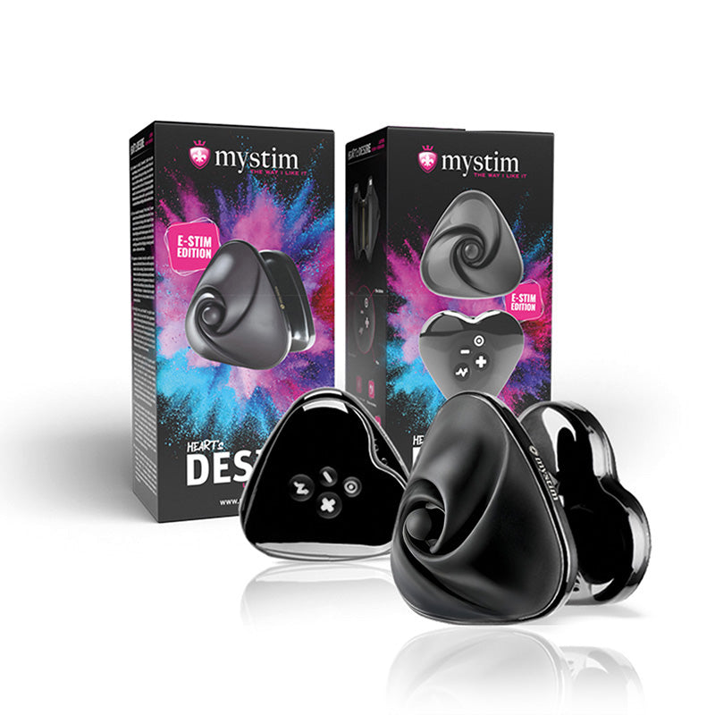 Mystim Heart’s Desire – Black Auflegevibrator mit E-Stim (Herzform)  und Kartonverpackung