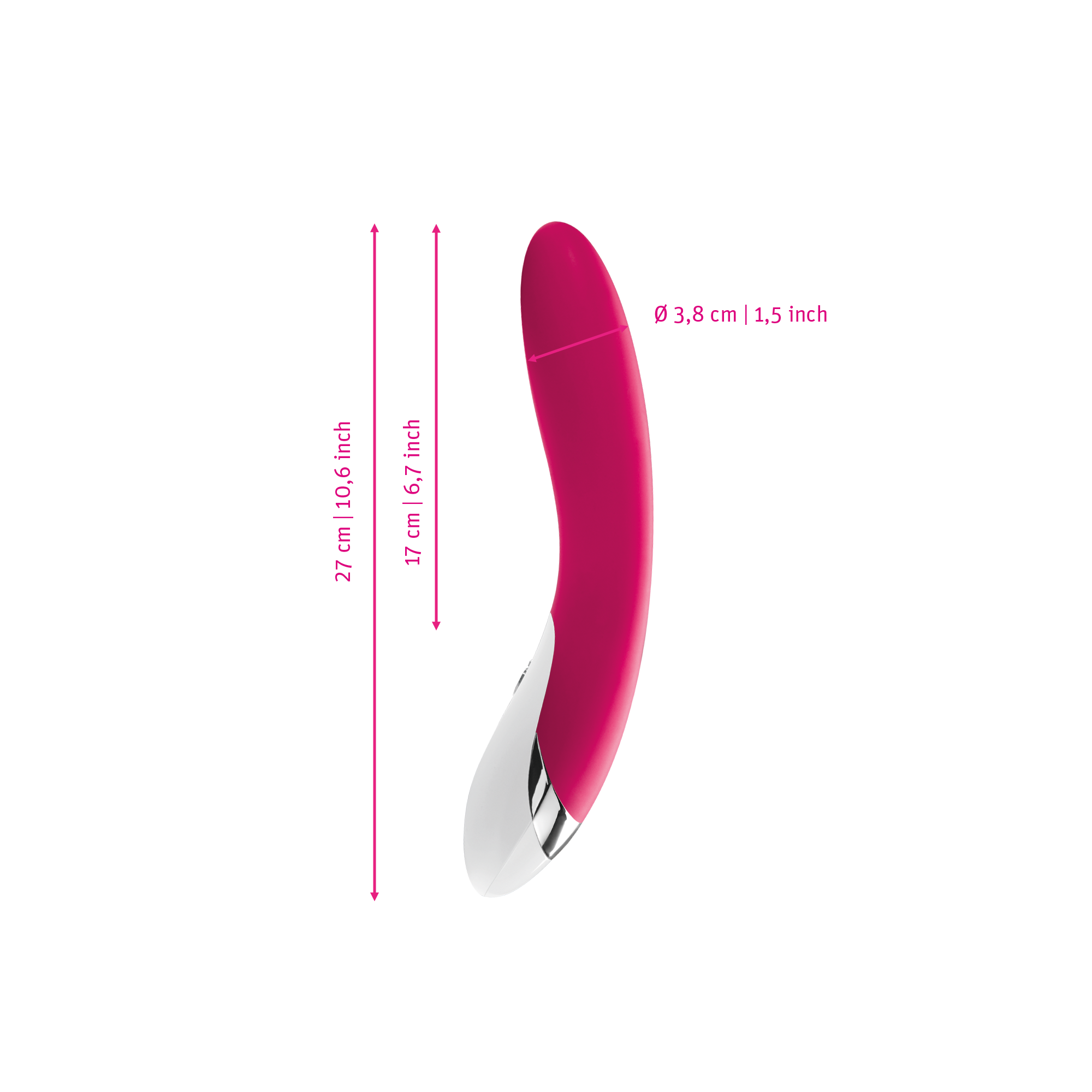 Mystim Elegant Eric – Darstellung der  Größe und Abmessungen Länge 27cm (ohne Griff: 17cm), Durchmesser 3,8cm