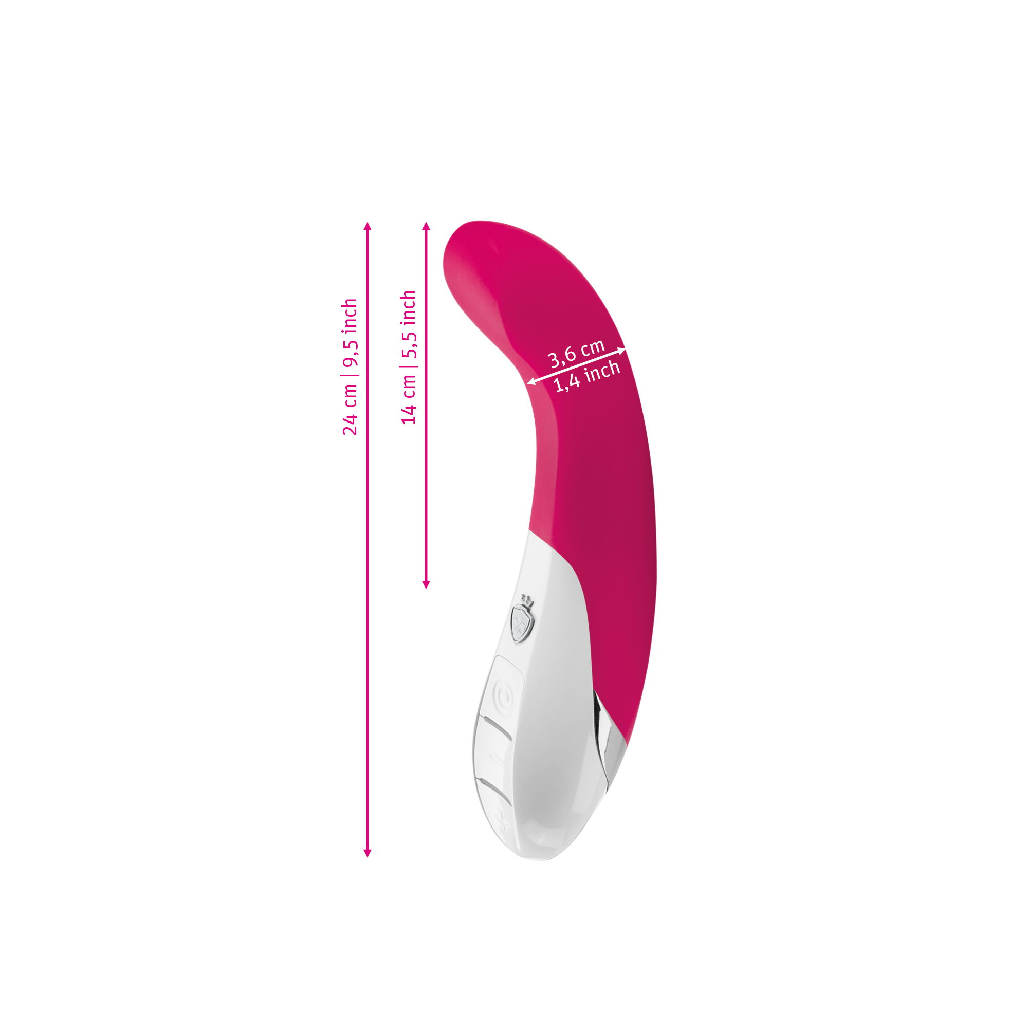 Mystim Al Punto – Darstellung der  Größe und Abmessungen Länge 27cm (ohne Griff: 14cm), Durchmesser 3,6cm