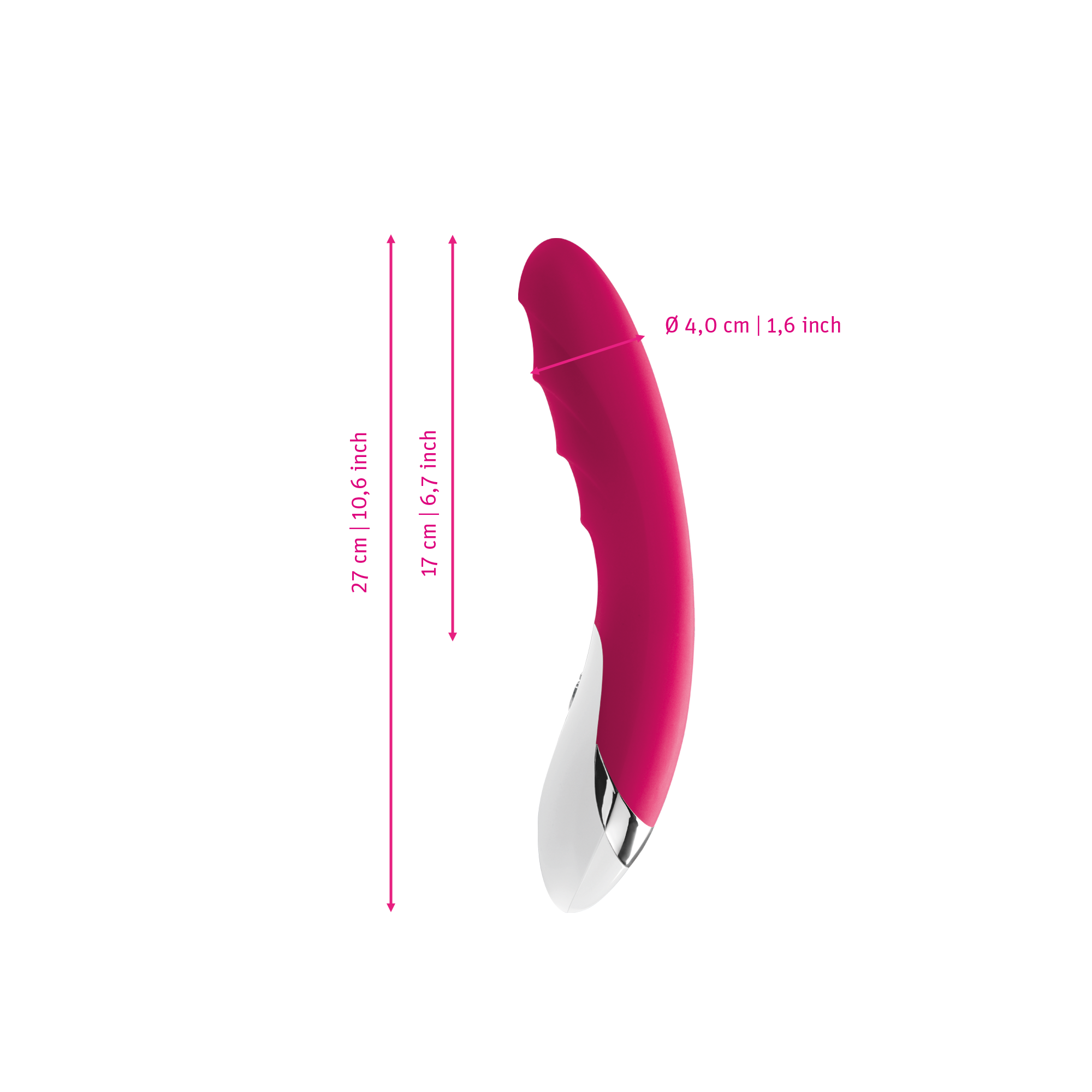 Mystim Sassy Simon – Darstellung der  Größe und Abmessungen Länge 27cm (ohne Griff: 17cm), Durchmesser 4cm