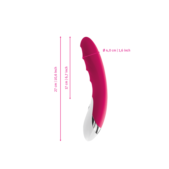 Mystim Sassy Simon – Darstellung der  Größe und Abmessungen Länge 27cm (ohne Griff: 17cm), Durchmesser 4cm