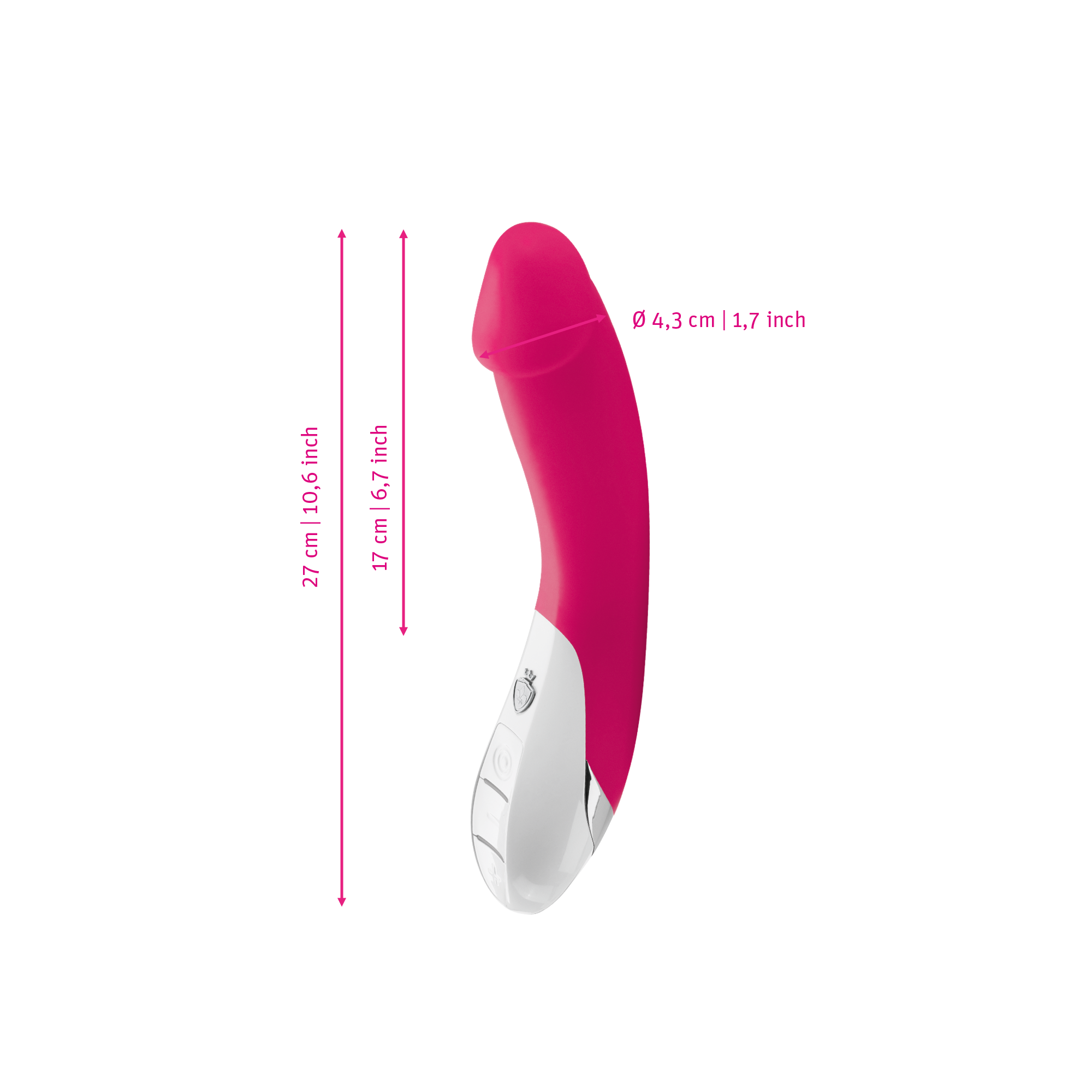 Mystim Terrific Truman – Darstellung der  Größe und Abmessungen Länge 27cm (ohne Griff: 17cm), Durchmesser 4,3cm