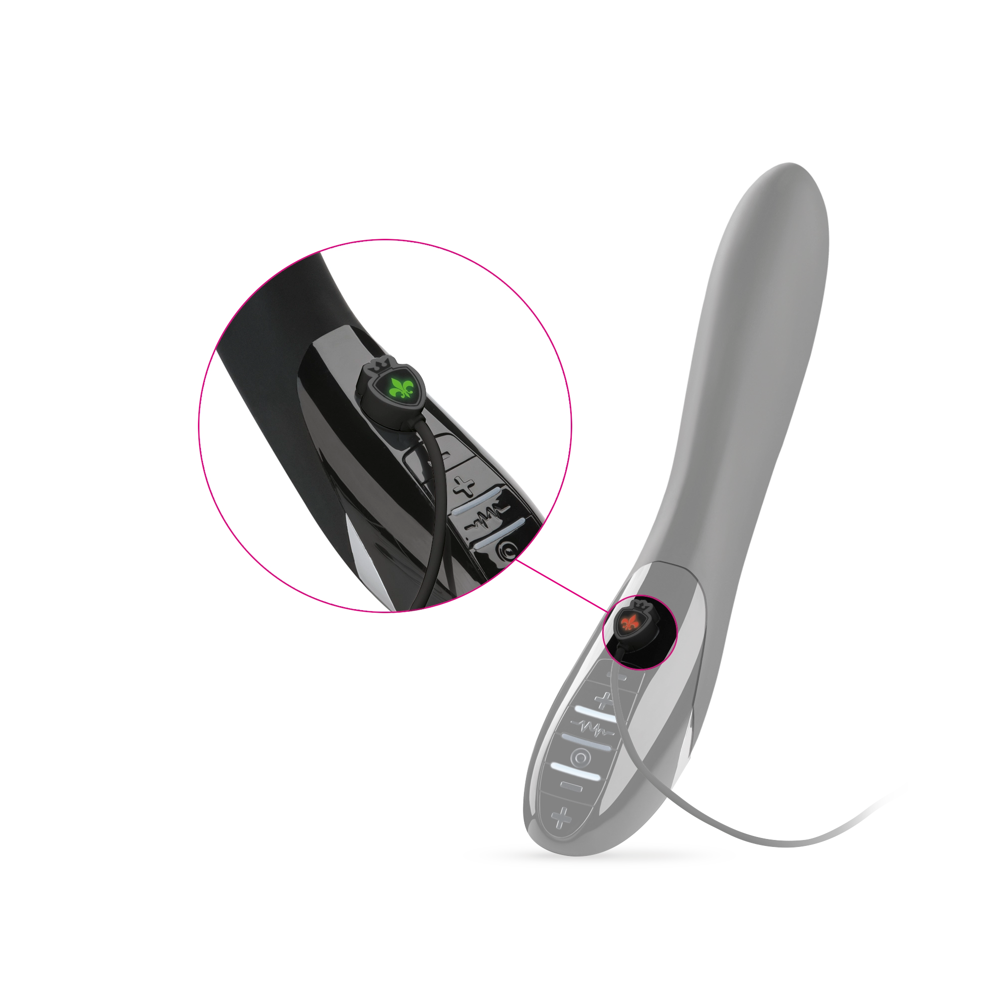 Mystim Electric Eric – Black Edition Vibrator Darstellung Ladeanschluss und Ladekabel
