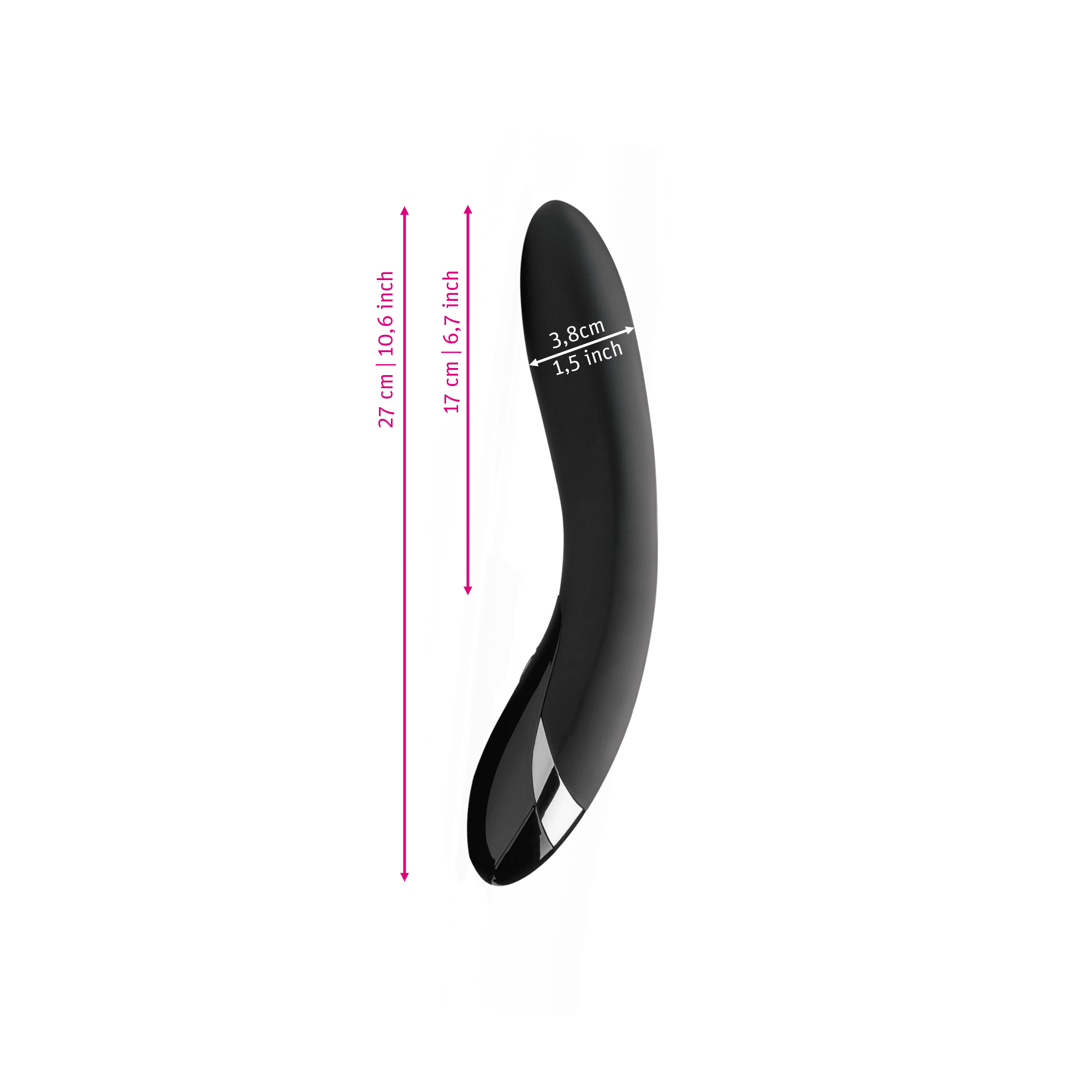 Mystim Electric Eric – Black Edition Darstellung der Größe und Abmessungen 27 cm Länge, insertable 13.5 cm, Ø 3.5–3.8 cm