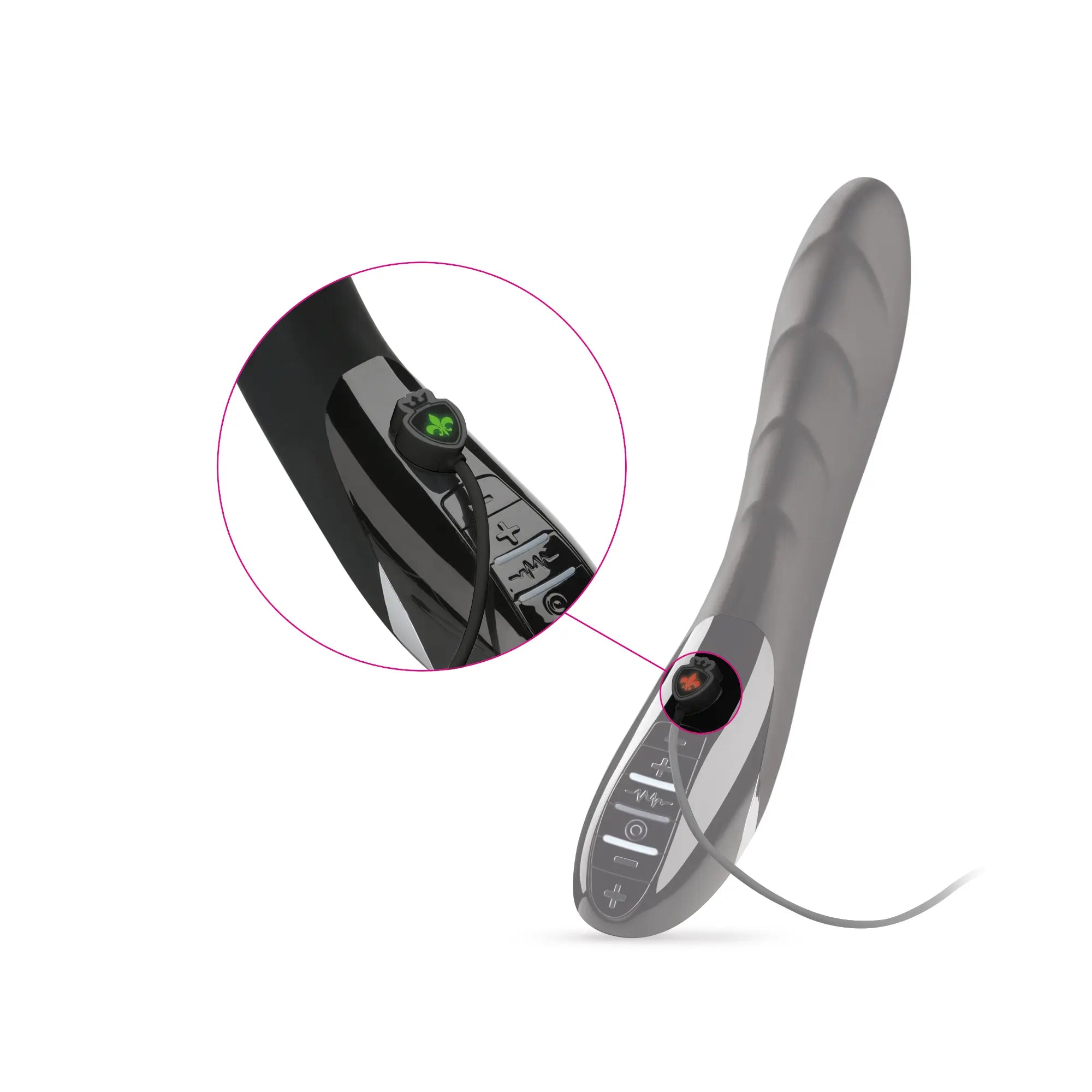 Mystim Sizzling Simon – Darstellung zur Ladung und Ladekabel