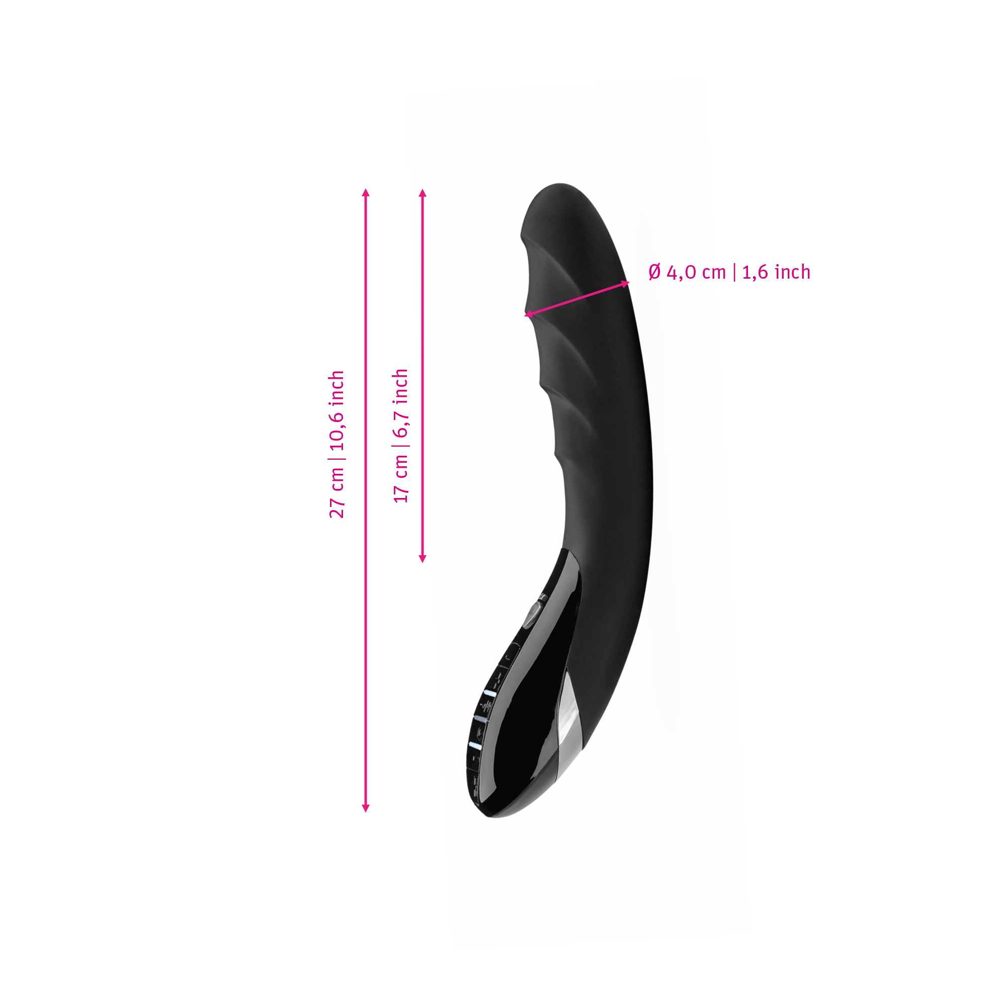 Mystim Sizzling Simon – Darstellung der  Größe und Abmessungen Länge 27cm (ohne Griff: 17cm), Durchmesser 4cm