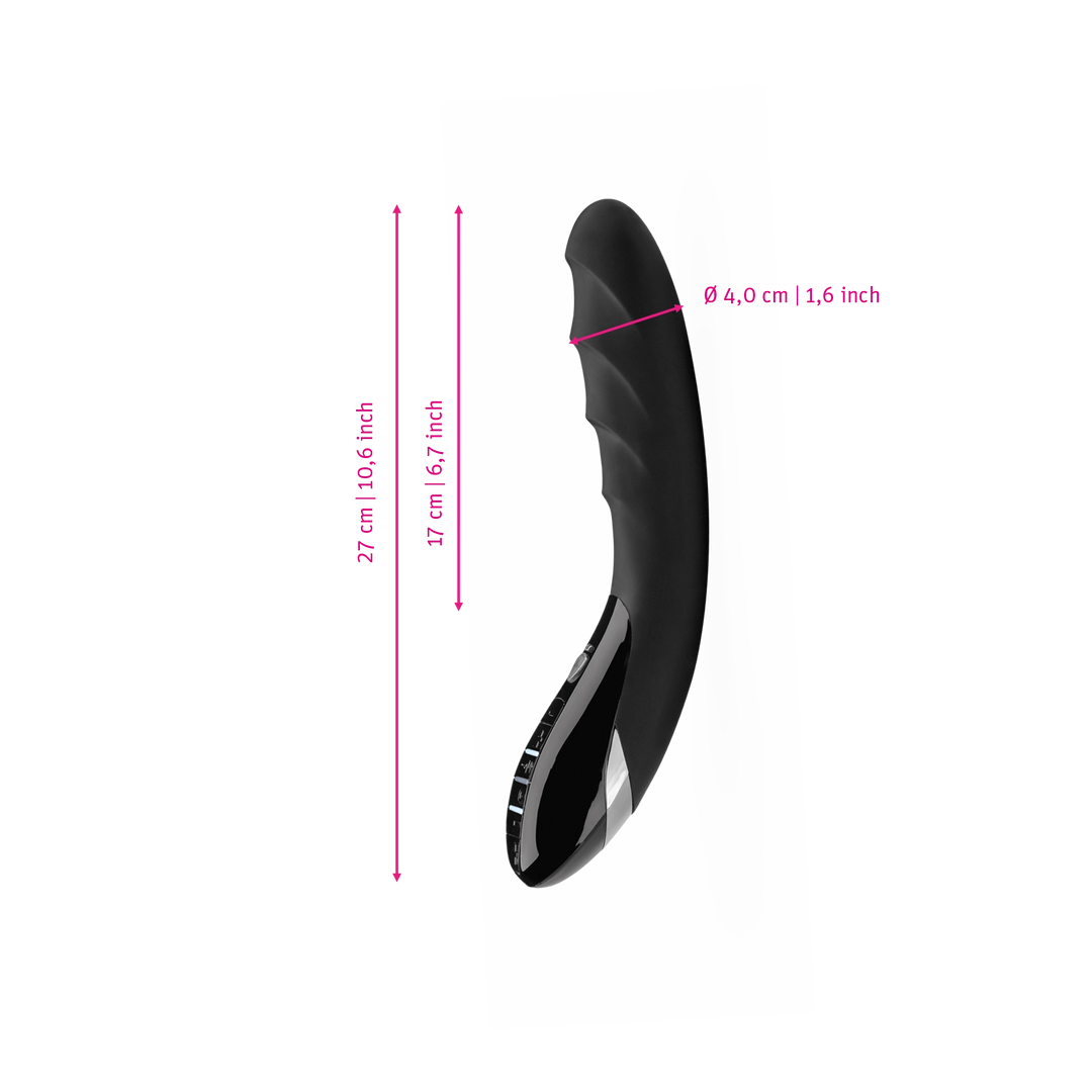Mystim Sizzling Simon – Darstellung der  Größe und Abmessungen Länge 27cm (ohne Griff: 17cm), Durchmesser 4cm