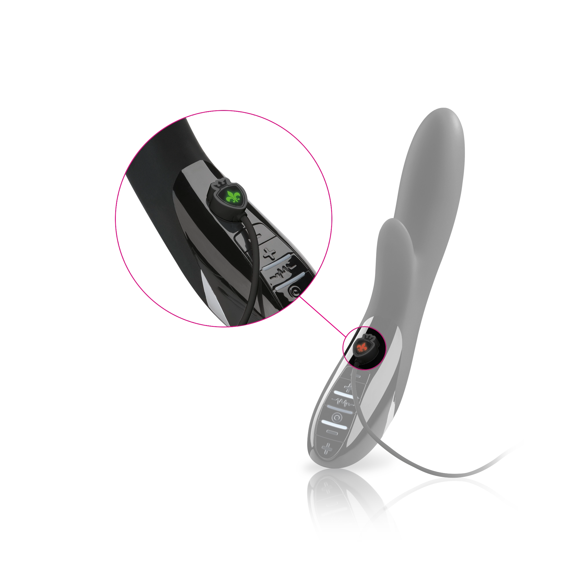 Mystim Daring Danny – Black Darstellung Ladeanschluss und magnetisches Ladekabel